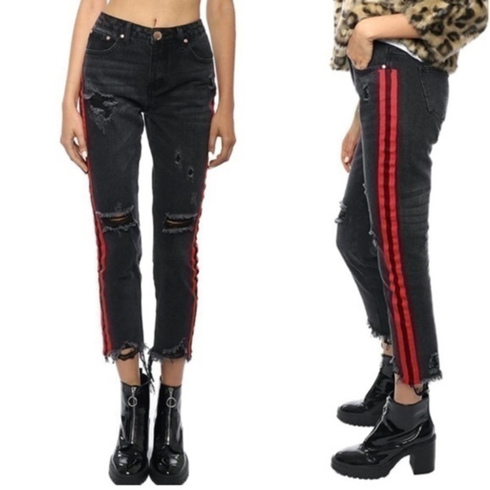 Brooklyn Karma Distressed Red Racing Stripe Jeans